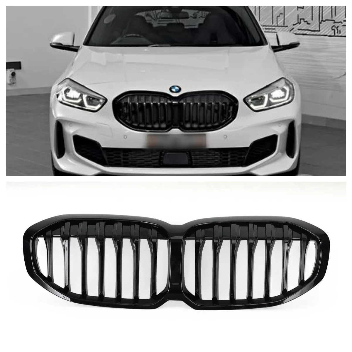 Grille avant de remplacement noir brillant pour BMW F40 Série 1 2019-2023