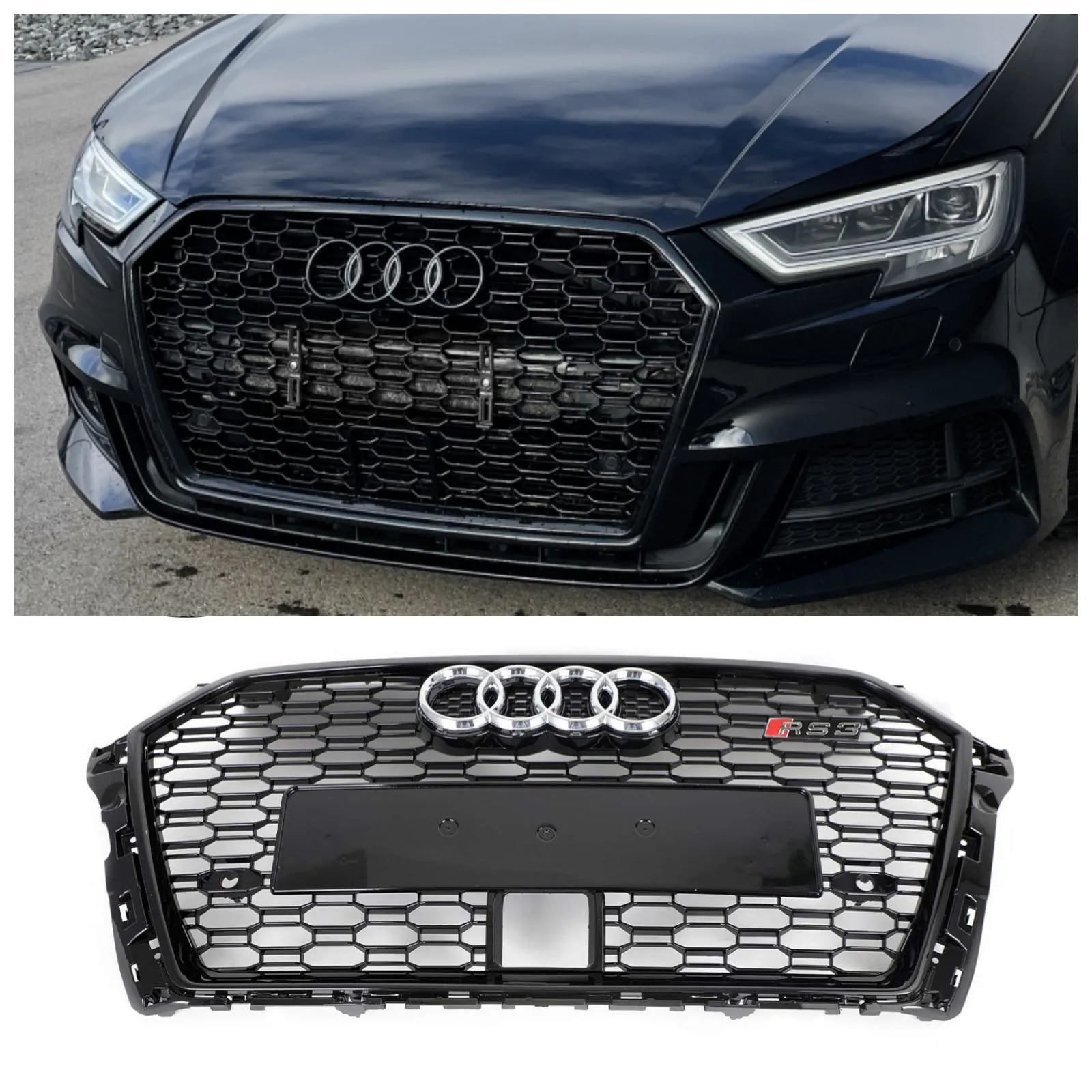 Calandre avant en nid d'abeille de style Audi A3 S3 RS3 2017-2019 avec noir brillant ACC