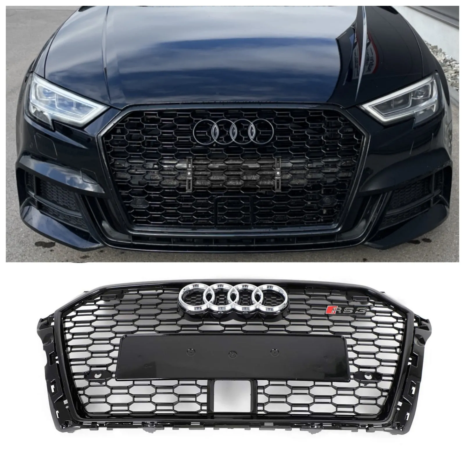 Grille avant style nid d'abeille RS3 pour Audi A3 S3 2017-2019 avec ACC noir brillant