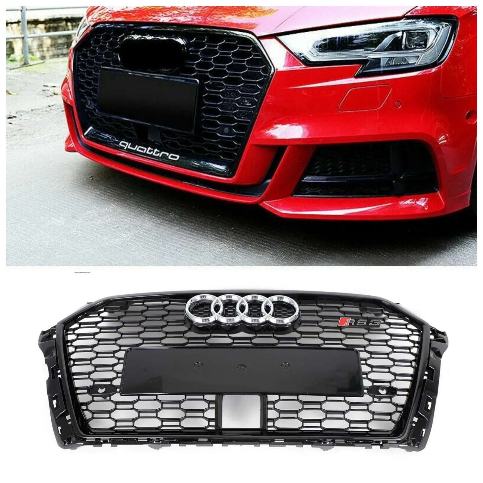 Calandre avant style nid d'abeille Audi A3 S3 RS3 2017-2019 avec ACC noir brillant