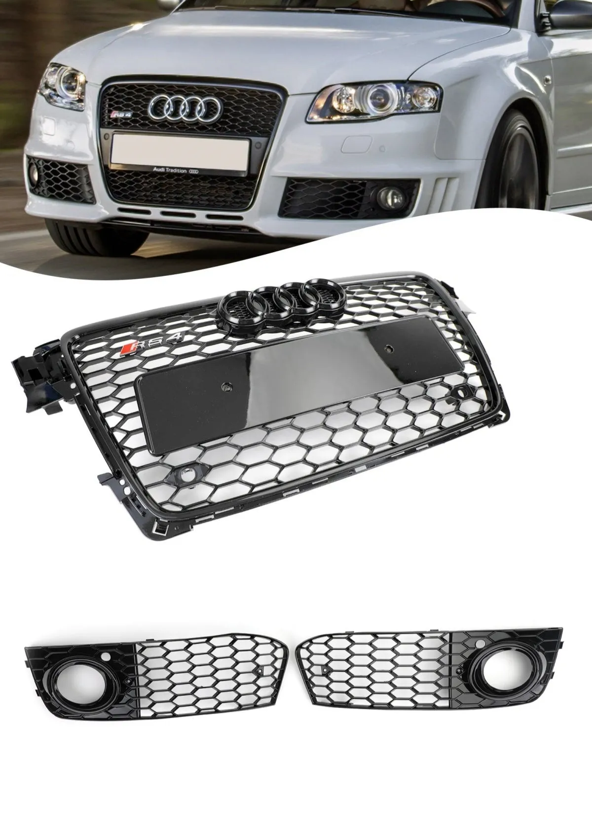 Grille hexagonale en nid d'abeille de style Audi A4 / A4 Avant B8 RS4 2008-2012 Grille noire brillante et Grille de phare antibrouillard
